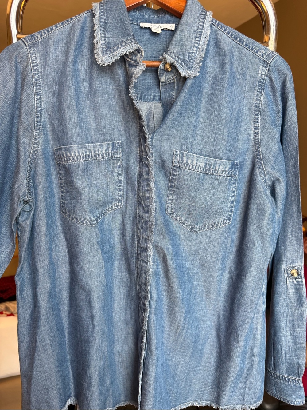 Chico’s Size 1 US 8 Blue Denim-Look Frayed Edge Button Front Shirt
